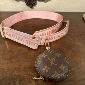 Louis Vuitton Brown Monogram Round Coin Pouch with Pink Logo Strap